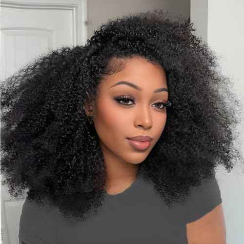Kinky Curly Half Wig Human Hair 200% Density 3 In 1 Seamless Flip Over Half Wigs Human Hair Glueless Wear and Go Beginner Friendly Kinky Curly Wig Human Hair Drawstring Headband Wig for Women 18 Inch