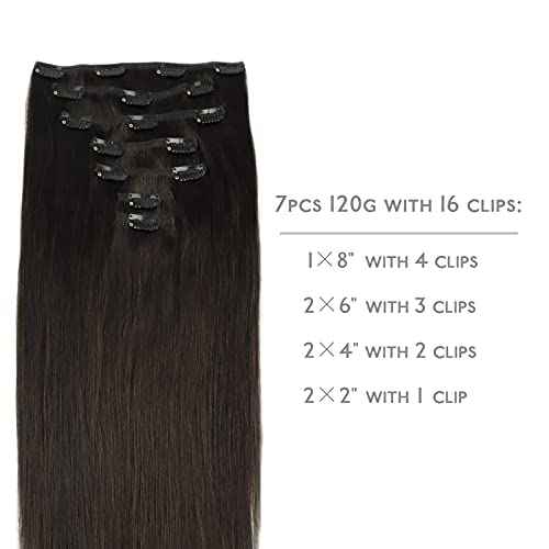 WENNALIFE Clip in Human Hair Extensions, 22 Inch 120g 7pcs Dark Brown Hair Extensions Clip In Human Hair Remy Clip in Hair Extensions Real Human Hair Double Weft