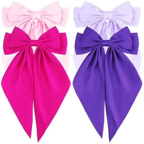 Hair Bows Silky Satin Bows for Hair Ribbons 4Pcs Coquette Oversized Long Tail Hair Bow Clips Barrettes Big Bowknot Hair Accessories for Women Girl Trendy Stuff Gifts (Pink Purple)