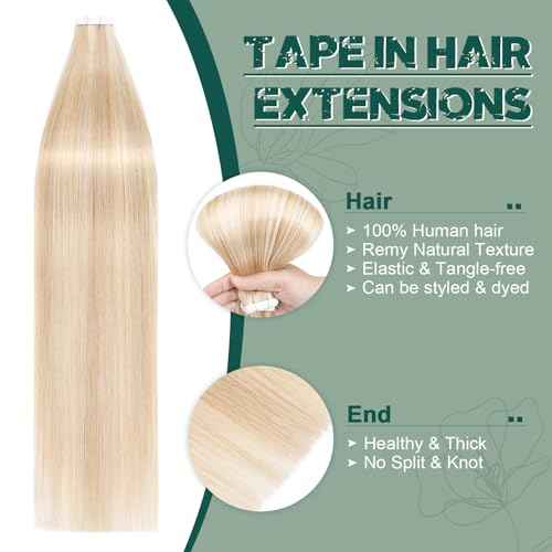 Benehair Remy Tape in Hair Extensions Human Hair Ash Blonde&Bleach Blonde Seamless Skin Weft Tape in Real Human Hair Extensions Straight Hair 22 Inch 50g #18P613 20 pcs
