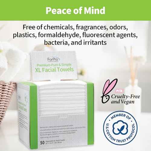 ForPro Premium Pure & Simple XL Facial Towels, Disposable Makeup Remover Dry Wipes, Ultra Soft Lint-Free Biodegradable Face Towels, 100% Vegan & Cruelty-Free, 50-Count