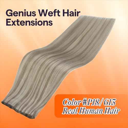 Full Shine Genius Weft Hair Extension Remy Hair Weft Extensions Color Ash Blonde Highlight Bleach Blonde Hand Tied Hair Extensions 24 Inch 60G Human Hair Sew In Extensions