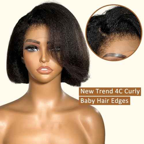 4C Edges Baby Hair Kinky Straight Human Hair Wig Glueless Side Part Short Yaki Bob Wig Human Hair Thick End UHD 13x4 Lace Front Wig Pre-Bleached Natural Color Brazilian Virgin Hair 10"