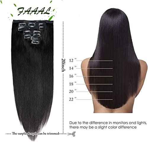 20" Clip in Human Hair Extensions Full Head 180g 7 Pieces 16 Clips Natural Black Double Weft Brazilian Real Remy Hair Extensions Thick Straight Silky (20" 180g, #1B)