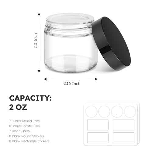 Bumobum 2 oz Glass Jars with Lids, 7 pack Small Jars with White Labels & Inner Liners, Multicolor 60 ml Empty Round Cosmetic Containers for Sample, Powder, Cream, Lotion, Spice