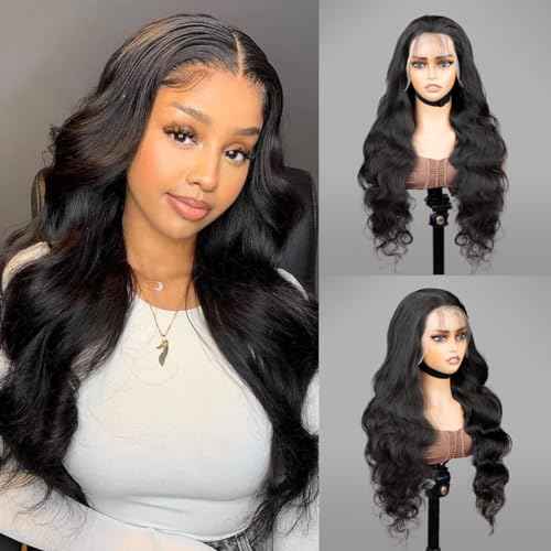 28 Inch Body Wave Lace Front Wigs Human Hair Pre Plucked 200 Density 13x4 HD Lace Front Wigs with Baby Hair Frontal Wigs Human Hair for Women Natural Black