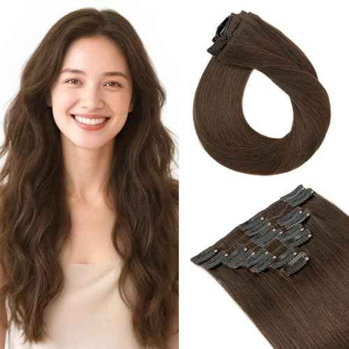 TESS Seamless Clip in Hair Extensions Human Hair Remy Clip ins Natural Soft Straight 8pcs 18Clips, 20 Inch, Dark Brown