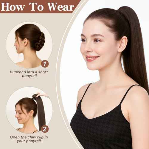 Claw Clip In Ponytail Extension, 100% Human Hair Ponytail Extension, No Tangle & Smooth, 115g, 18 Inch #Medium Brown & Dark Blonde