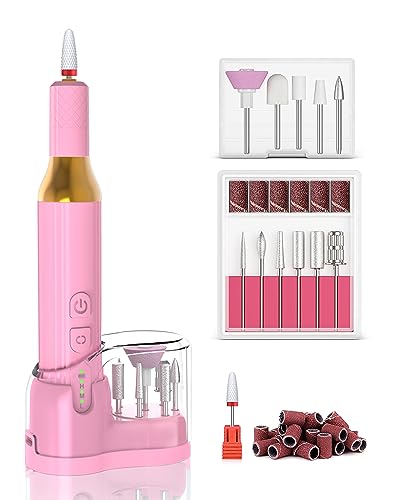 DEEHENK Electric Cordless Nail Drill Portable Nail Drill Machine for Gel Acrylic Nails, Rechargeable Nail File for Home Salon Electric Nail File Pink