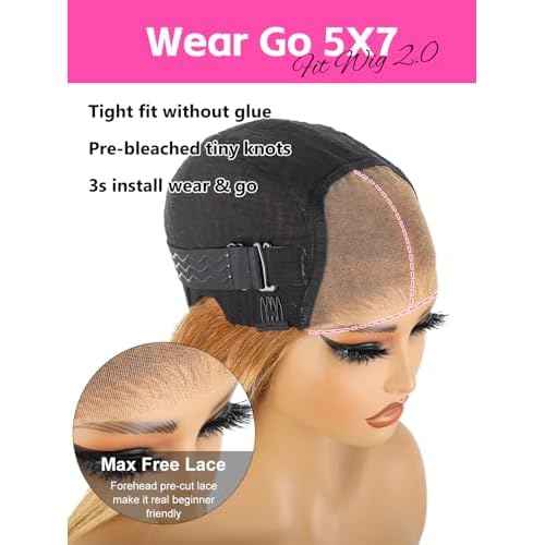 ORIGINAL QUEEN OQ Hair Glueless Wigs Human Hair 5x7 Bob Straight Wigs for Women Highlight Blonde Wear and Go Short Bob Wigs Pre Plucked Pre Cut Pre Bleached 4/27 Color 16Inch