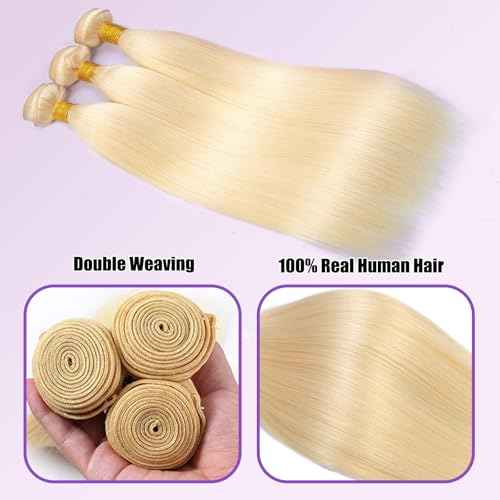 Blonde Bundles Human Hair 12A Grade Straight 613 Bundles Human Hair 100% Unprocessed Brazilian Virgin Raw Hair Quick Weave for women 3 Bundle Deals Hair Extensions 16 18 20 Inch