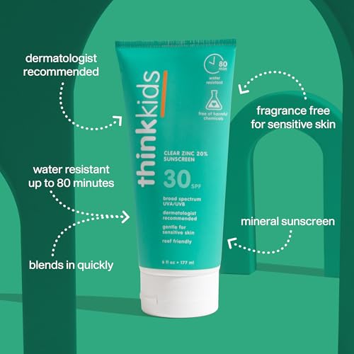 Thinkkids SPF 30 Mineral Sunscreen for Kids, Clear Zinc Oxide, 6 fl oz, Natural, Vegan, Reef Safe, Water Resistant Broad Spectrum UVA/UVB Sun Protection