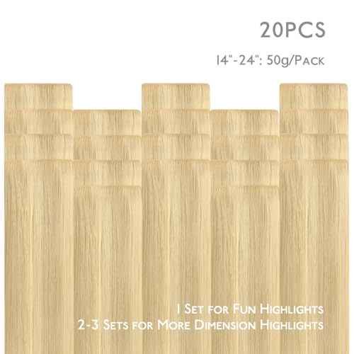 WENNALIFE Invisi Edge Tape in Hair Extensions Human Hair, 20 Inch 50g 20pcs Light Blonde Highlighted Golden Blonde Invisible Luxury Remy Hair Extensions Natural Seamless Injected Tape Ins Straight