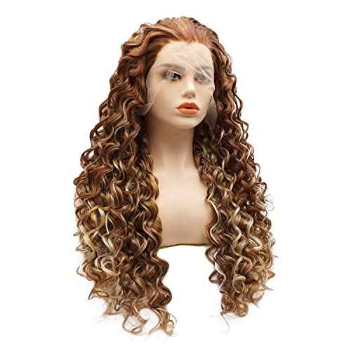 Hair Synthetic Lace Front Wig Curly Long 26inch Dark Brown Blonde Mix Heavy Density Heat Resistant Realistic Wig