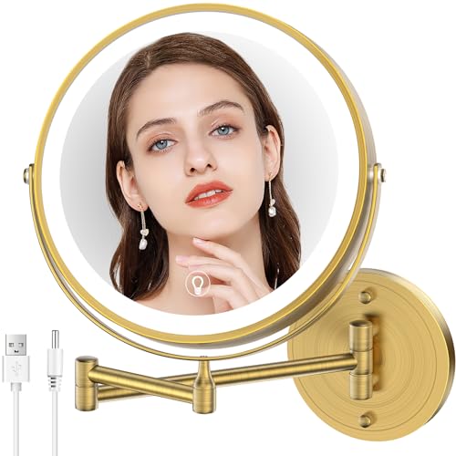 Wall Mounted Lighted Makeup Mirror,8" Rechargeable Double-Sided Light up Magnifying Mirror 1x/10x,3 Color Led Vanity Mirror with Lights,Touch Dimmable 360¡Æ Rotation-Antique Bronze