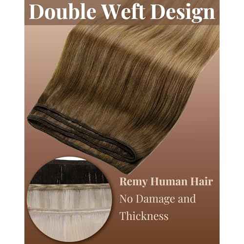 Hetto Weft Hair Extensions Human Hair Balayage Sew in Hair Extensions Real Human Hair Brown to Medium Brown Dark Golden Blonde Human Hair Weft Extension Skin Weft 22 Inch 100g