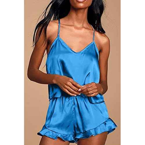 CHYRII Women's Sexy Silk Satin Ruffled Pajamas Sets Cami Shorts Sets Sleepwear