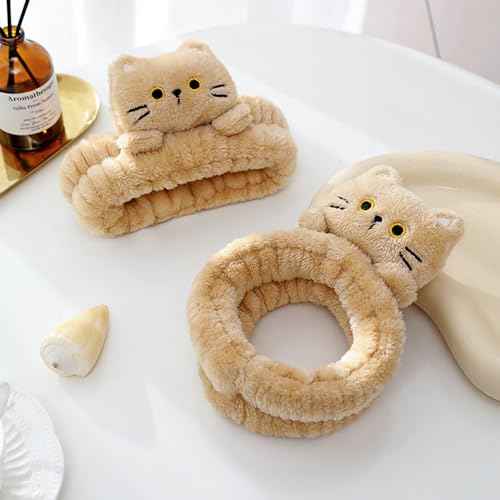 PERFECTSIGHT Spa Headband for Washing Face, 2 Pack Cute Hair Band for Shower Yoga Beauty Skincar Party, Soft Fluffy Makeup Headband, Kawaii Facial Headbands for Woman Girls, Kitty