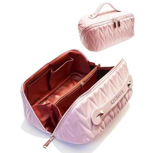 Travel Makeup Bag for Women, Large Capacity Cosmetic Bags for Girls, Compact Pouch Make up Organizer, Waterproof Toiletry Bag with Divider and Handle (Pink)