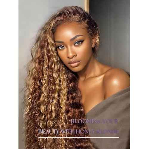 12A Honey Blonde Highlight 2x6 HD Lace Closure with Bundles Deep Wave Human Hair, P4/27 Ombre Brown Curly Brazilian Weave Thick Track 3 Bundles with Kim K 2by6 Closure Pre Plucked 10 12 14+10In