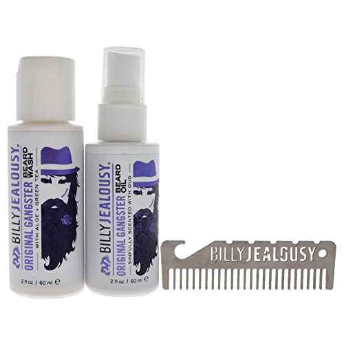 Billy Jealousy Original Gangster Beard Kit with Trave Size Beard Wash, Oil and Titanium Keychain Comb to Cleanse, Stengthen & Soften Facial Hair, Oud Wood Scent