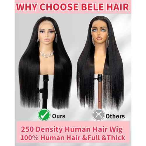 BELE 250% Density 13X4 HD Lace Front Wigs Human Hair Straight Lace Front Wigs Human Hair pre plucked Glueless Frontal Wigs for Women Natural Black (250 Density Straight Wig 18inch)