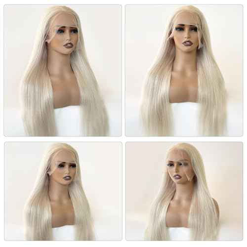 Platinum Blonde Lace Front Wig Human Hair 13x6 HD Transparent Lace Frontal White Blonde Pre Plucked Natural Hairline for Black Women 180% Density Straight Wear and Go Glueless Wigs Human Hair 22 Inch