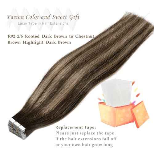 Lacer Human Hair Extensions Tape In Rooted Dark Brown To Chestnut Brown Highlight 16inch 100G Tape Ins Human Hair Extensions Seamless Skin Weft Hair Extension Tape In 100% Remy Human Hair 40pcs