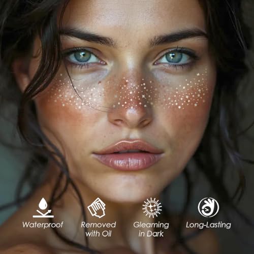 Glitter Freckles, 24PCS Glitter Freckles Face Tattoo, Sparkle Freckles for Women, Waterproof Gold Temporary Face Tattoos Glitter Glow Up Patches Makeup Patches (Gold & Silver)