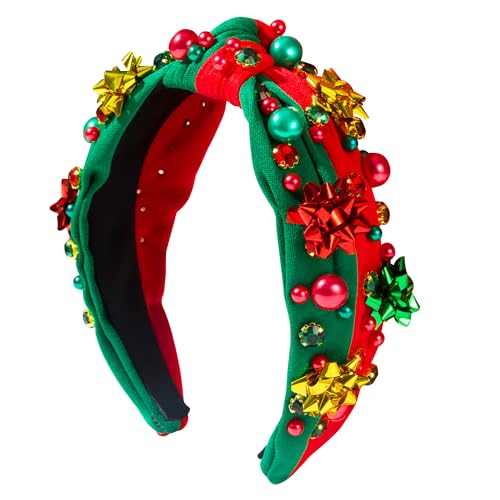 pVq Christmas Headband for Women Knotted Headband with Christmas Tree Crystal Pearl Snowflake Ribbon Xmas Holiday Hairband (Pearl Flower - Red Green, One Size)