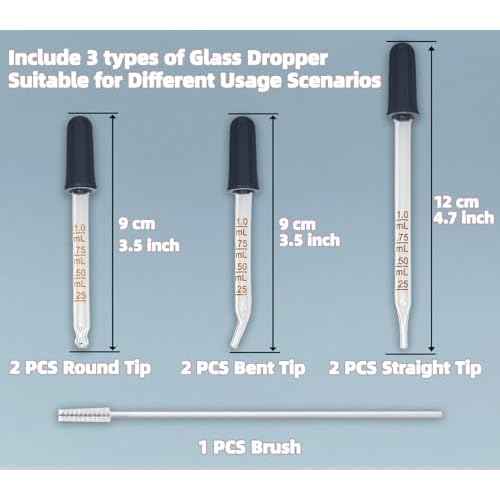 6 Pack Glass Pipette Dropper with Brush - Bent & Straight Tips, 1 ml Eye Droppers for Essential Oils, Lab, Crafts, Measuring and Transferring Liquids