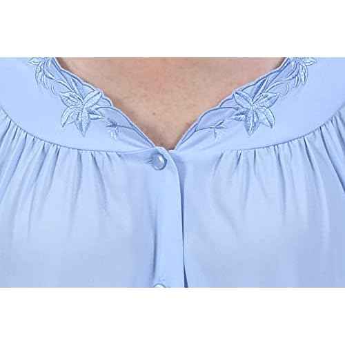 Miss Elaine PJ Set - Women's Nylon Tricot Pajama Set, Short Sleeves, Round Neckline with Embroidered Trim, Button Front Top