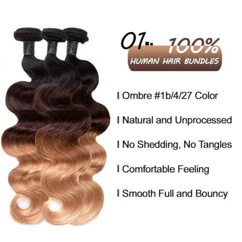 T1B/4/27 Bundles Ombre Human Hair Bundles 12A Unprocessed Virgin Hair 3 Bundles 20 20 20 Inch 3 Tone Brown and Honey Blonde Ombre Wavy Human Hair Bundle Deals for Quick Weave Colored Hair Extensions