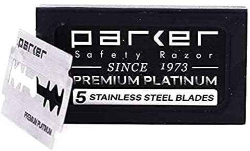 Parker 71R Medium Weight Long Handle Double Edge Safety Razor with 5 Parker Platinum Stainless Steel Razor Blades - Black Electroplated Brass Handle