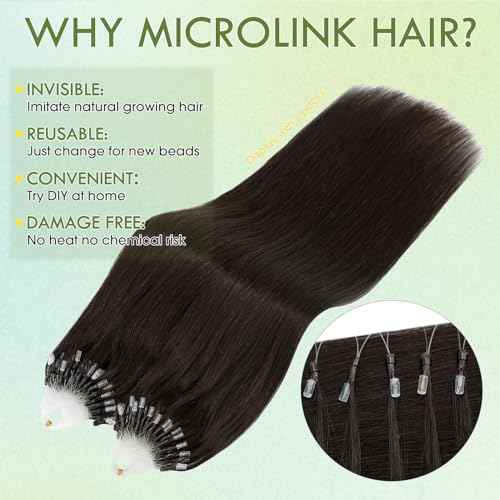 Hairro Microlinks Hair Extensions Human Hair Micro Loop Hairpieces Easy Pre Bonded Cold Fusion Keratin Stick Micro Bead Hair Extension For Women 24 inch 50g 100 Strands #1B Natural Black