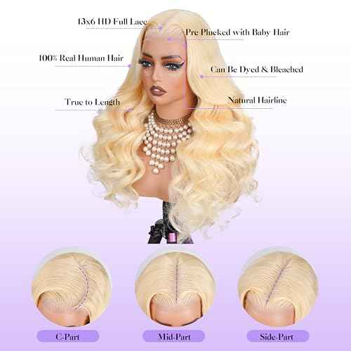 613 13x6 Lace Front Wig Human Hair Pre Plucked 250 Density 16 Inch Body Wave Blonde Wig Human Hair 613 HD Lace Frontal Wigs 13x6,100% Real Human Hair No Tangle No Shedding Triple Lifespan 3X