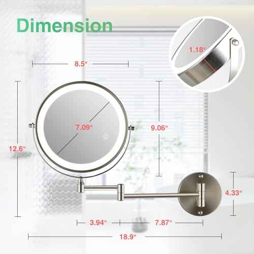 30X/1X Wall Mounted Makeup Mirror with Light: 8.5 Inch Double-Sided, 3 Color Modes, USB-C Rechargeable, 360¡Æ Swivel, Brushed Nickel