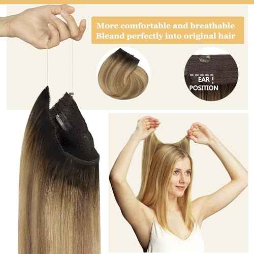 Anrosa Human Hair Extensions with Fish Line Invisible 18Inch 95g Remy Real Hair Extensions Wire Human Hair Balayage Dark Brown to Golden Blonde Wire Hair Extensions Human Hair Adjustable