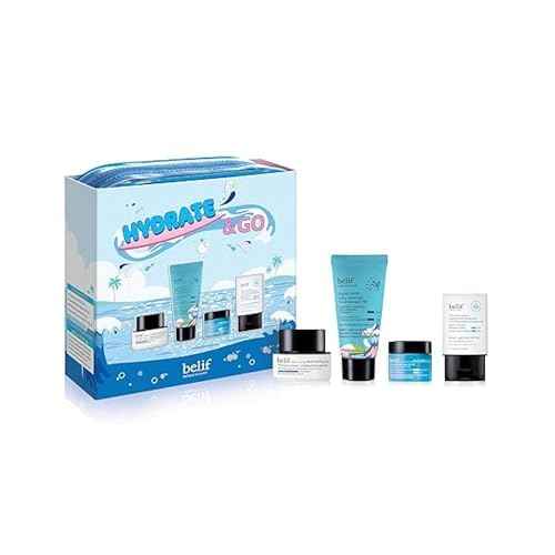 belif Hydrate & Go Kit ? 4-Step Korean Skincare Gift Set with Toner, Moisturizing Bomb, Jelly Cleanser, Eye Bomb, SPF 45 Sunscreen, TSA-Friendly, Deep Hydration & Barrier Care for Glowy, Bouncy Skin