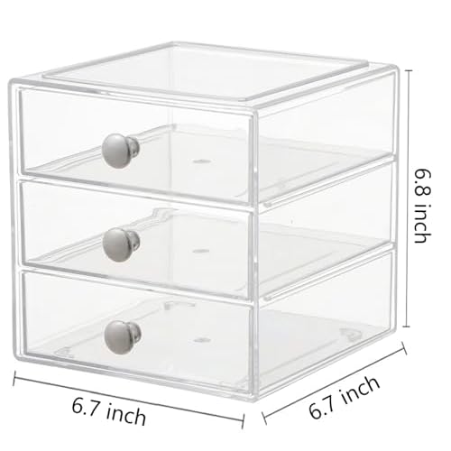 Makeup Drawer Organizer Box with 3 Drawers, Acrylic Cosmetic Display Case Vanity Organizer Jewelry Storage Box Stackable Storage for Cosmetics, Skin Care, Bathroom, Countertop, Silver Handle