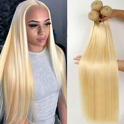 613 Blonde 3 Bundles Human Hair Straight 613 Human Hair 3 Bundles Double Weft 613 Blonde100% 12A Unprocessed Virgin 14 14 14 inch11oz/Pak