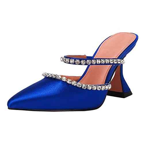 VETASTE Women's Pointed Toe Strappy Heels Crystal Satin Heeled Mules Wedding Party Shoes