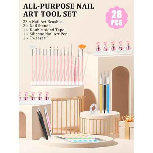 Nail Art Tools Set, Nail Stand for Press on Holder for Painting Nails, Nail Art Brushes, Liner Brushes, Nail Dotting Tool, Must Haves Design Tools Supplies Kit for Nail Tech & Beginners (Pink)