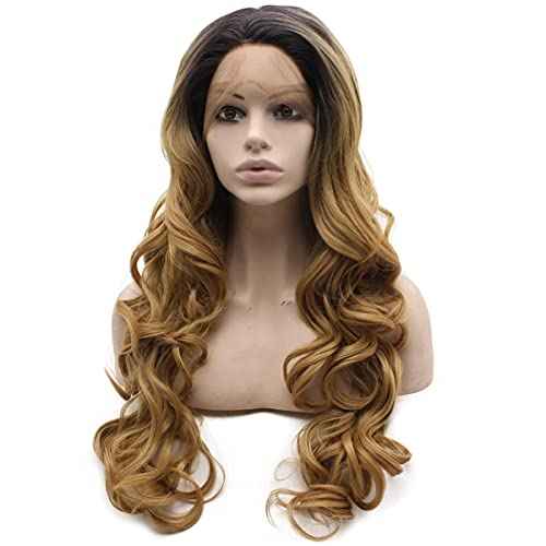MX angel Long Black Roots Blonde Ombre Hand Tied Ombre Synthetic Wig Lace Front Heat Resistant Fiber Hair