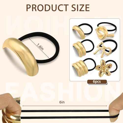 YONOY 6Pcs Gold Hair Ties,Metal Hair Ties for Thick Hair,Damage Ponytail Holders,6 Styles Hair Accessories for Women