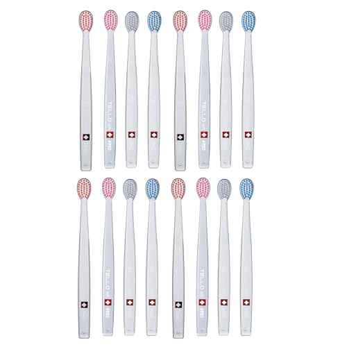TELLO 3940 Adult Medium Toothbrush for Gentle Cleaning with Ergonomic Handle, Made in Switzerland, Colors Vary, 12-Pack