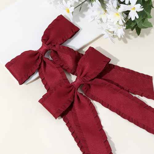 VOBOBE 2PCS Hair Bows for Women Girls, Red Tassel Hair Ribbon Bowknot Hair Clips Barrettes Hair Accessories for Girl with Long Tail (Red)