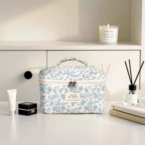 Large Makeup Bag, Cute Cosmetic Bag for Women Girls Floral Coquette Aesthetic Toiletry Bag Travel Make Up Organizer Bag (Blue)