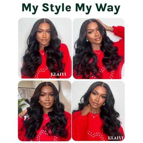 KLAIYI EasiContour V Part Wig Human Hair Body Wave Glueless Upgrade U Part Wig No Leave Out No Gel Clip in Half Wig V Shape Pull and Go Beginner Friendly Ready to Wear Natural Black Color 150% 16Inch