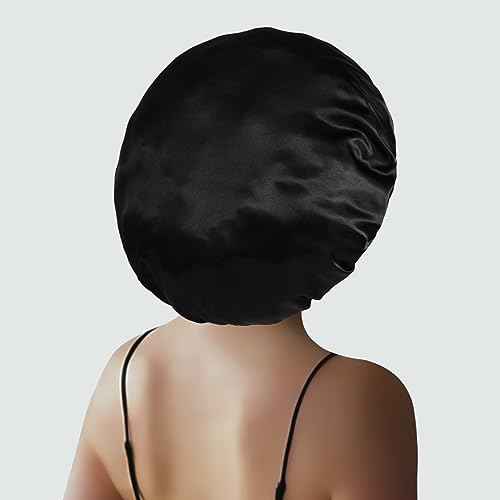 Extra Large Satin Bonnet Hair Cap, 17inches Silk Bonnet for Sleeping, Jumbo Silk Sleep Cap for Women Braids Curly Hair Locs 1Pcs (Black)